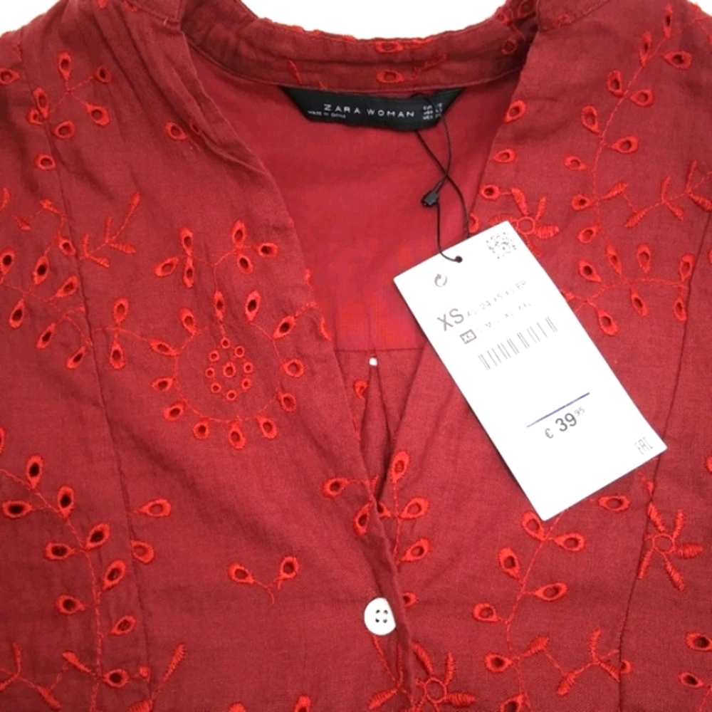 ZARA WOMAN Maroon Cotton Eyelet Blouse NWT Sz XS - Picture 6 of 7